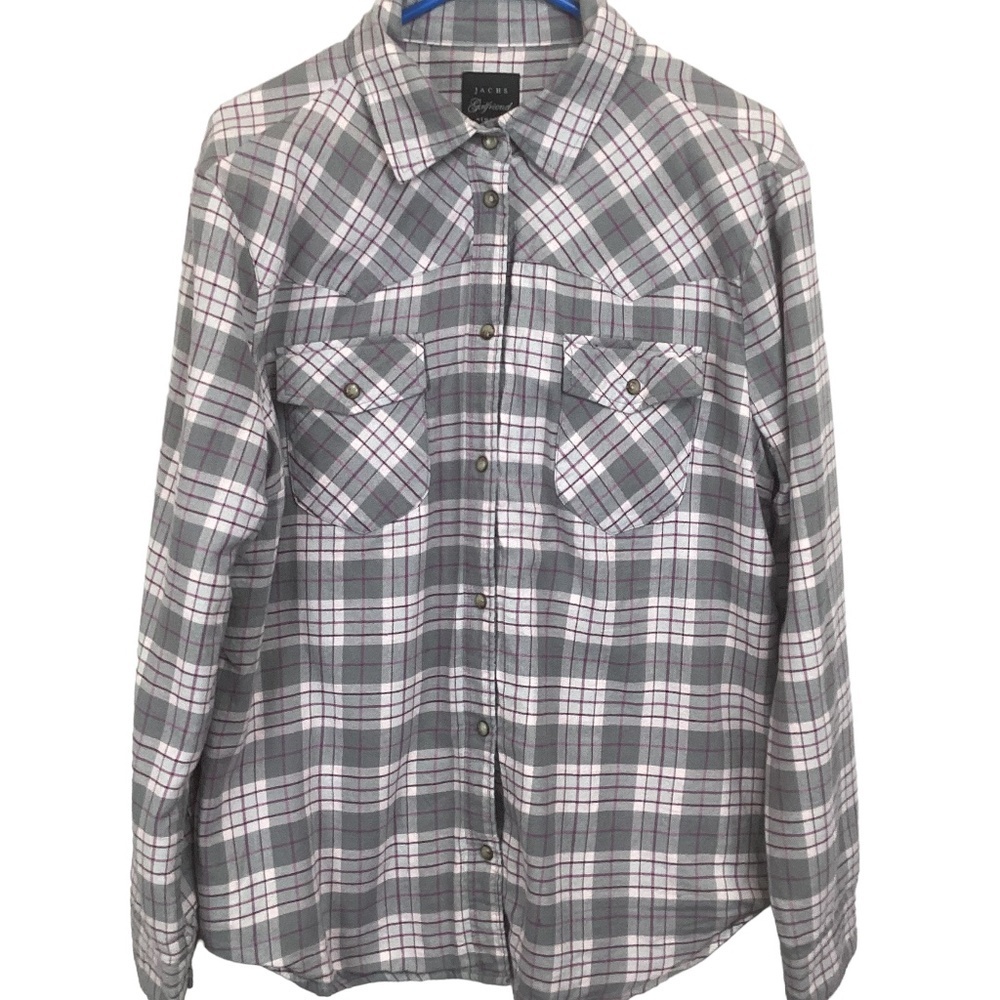 Jachs Girlfriend Flannel Faux Fur Button up shirt size X-Large gray purple plaid